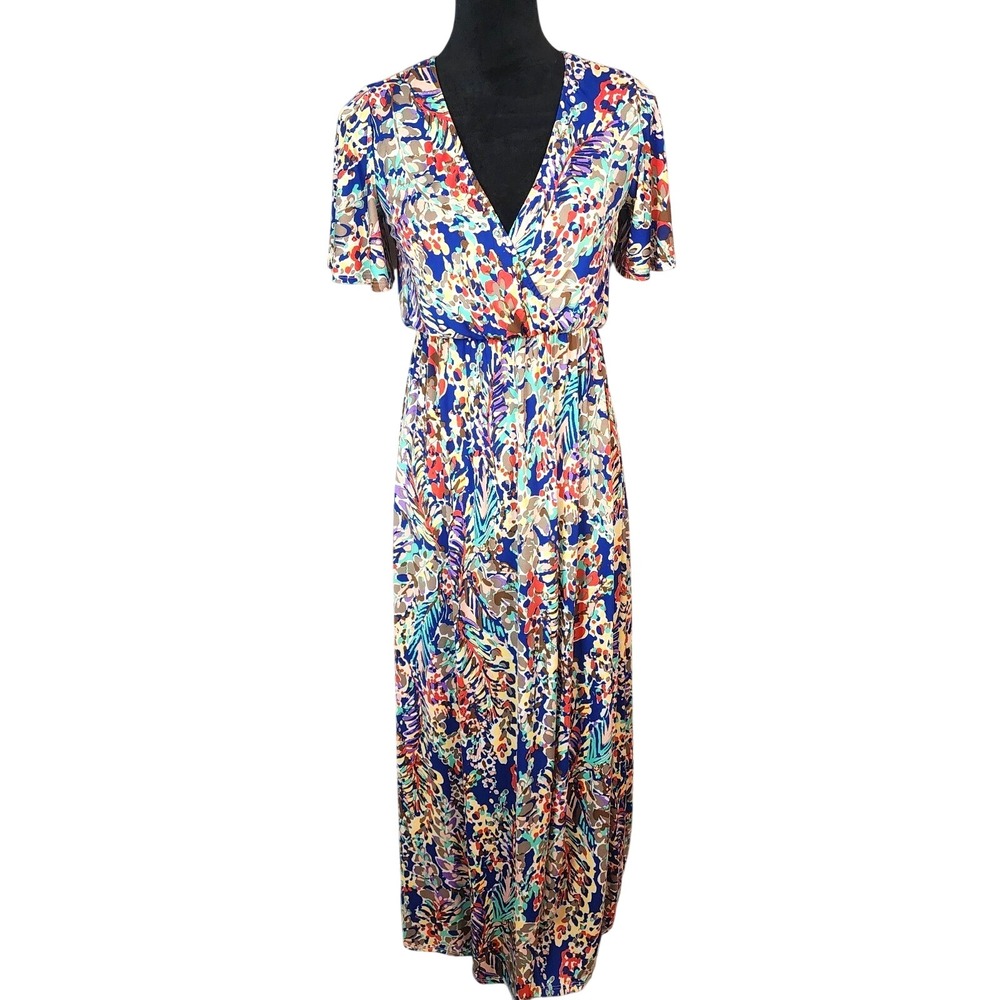 BEESON RIVER Size Small Floral Clash Short Sleeve V-Neck Stretch Knit Maxi Dress